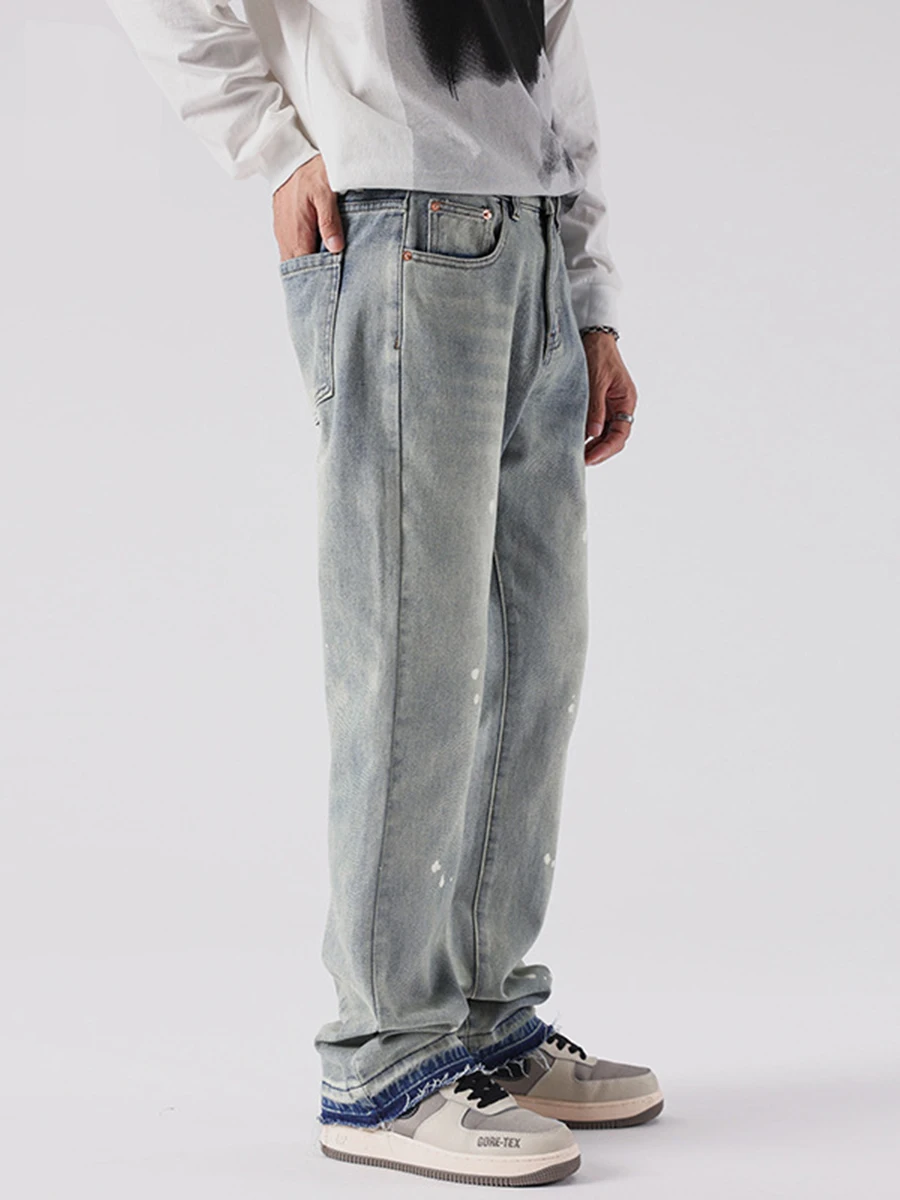 Four Seasons Men Jeans High Street Washed Y2kmen Jeans Raw Edge Splash Ink Straight Pants Fashion Streetwear Ins Hot Sale JEANS