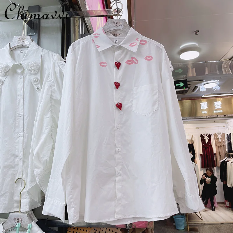 

French Style Red Lips Printed White Long-Sleeved Shirt for Women 2022 Spring New Fashion Design Chic Loose Blouse All-Matching
