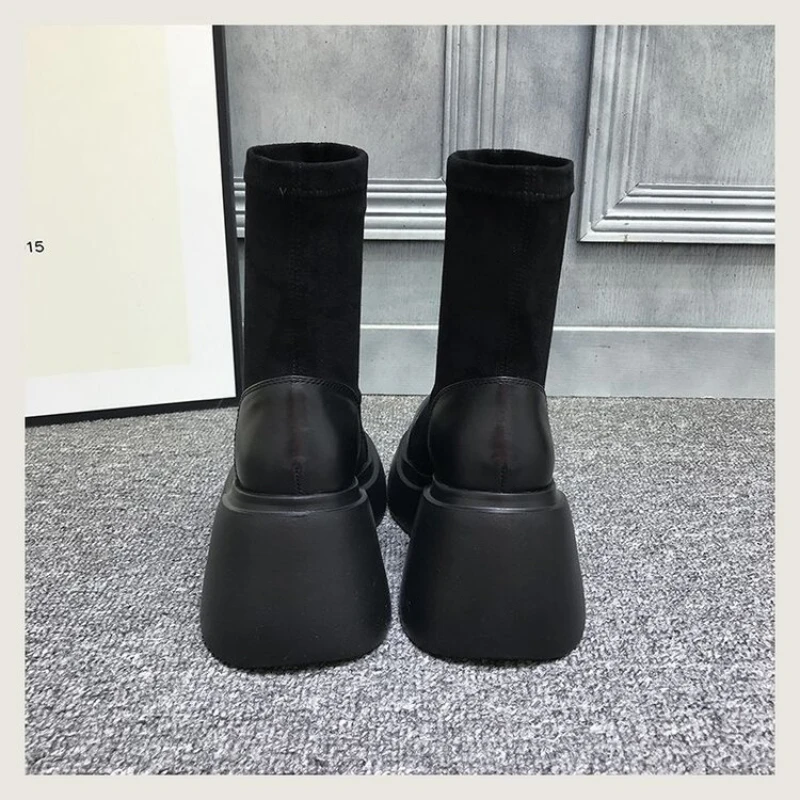 European Station Boots Women's 2022 Autumn Winter New Velvet Warm Martinboots Thick-soled High-heeled Stitching Short Socksboots