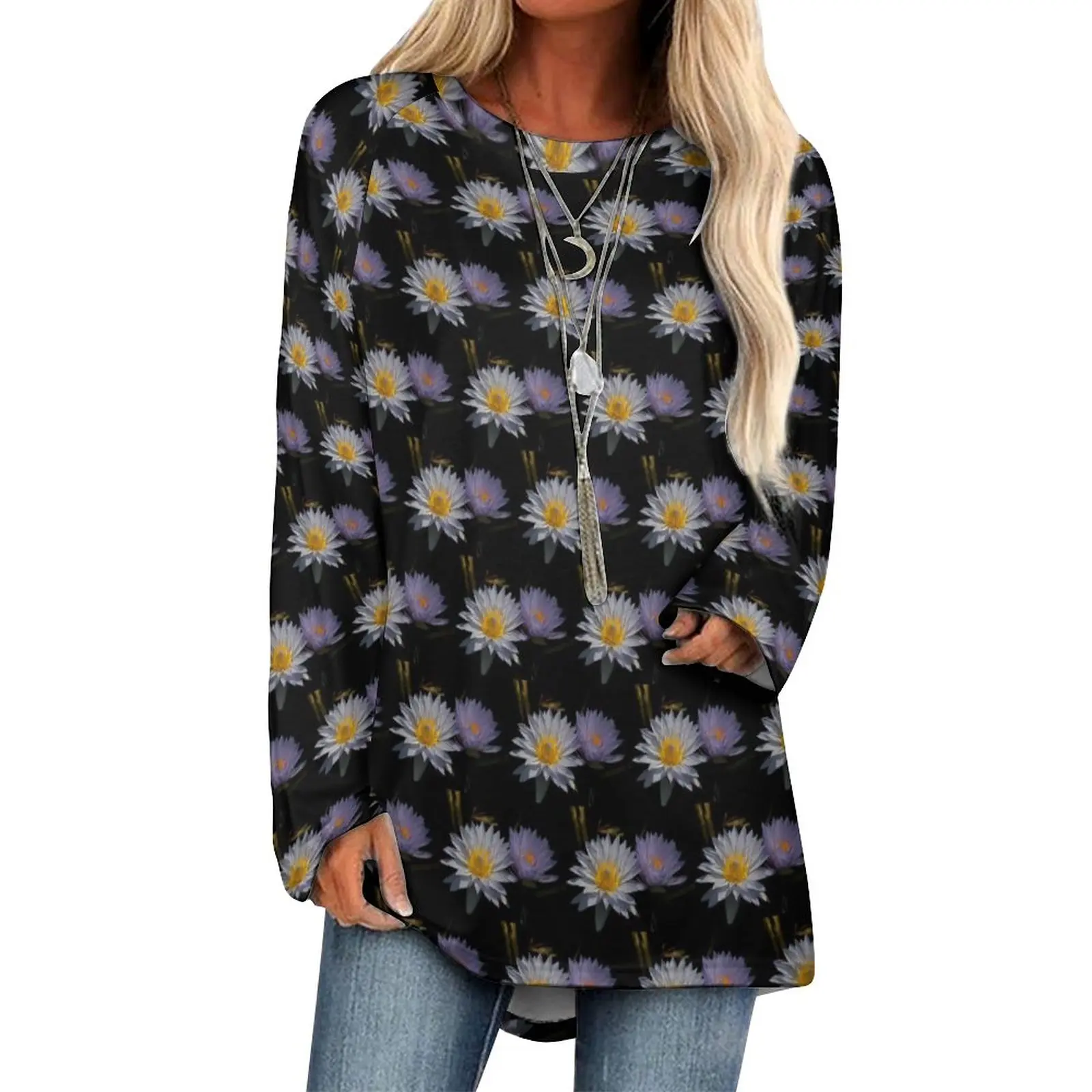 

Футболка женская оверсайз с рисунком лилии, Классическая рубашка с длинным рукавом, с рисунком лотоса, белый и фиолетовый цвета