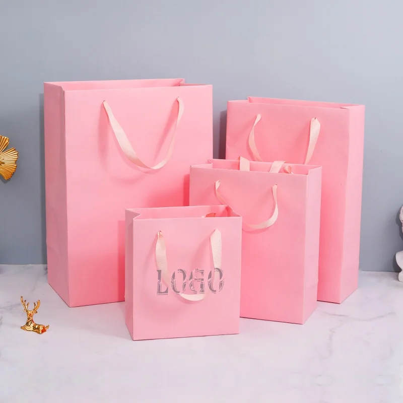 

Customised Cloth Boutique Cardboard Packaging Brand Matte Cheap Pink Gift Paper Bag with Your Own Logo For Small Business