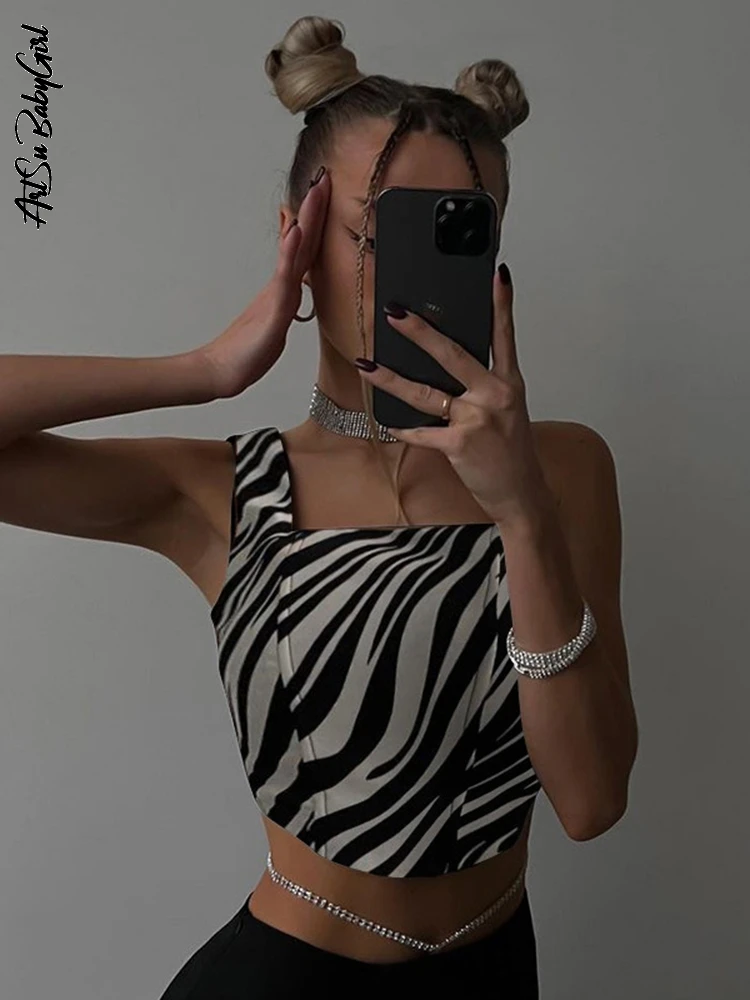 Top Women Zebra Print Crop Top Square Neck Tank Top Sexy Corset Summer Clothes Streetwear Asymmetrical Slim Sleeveless Vest