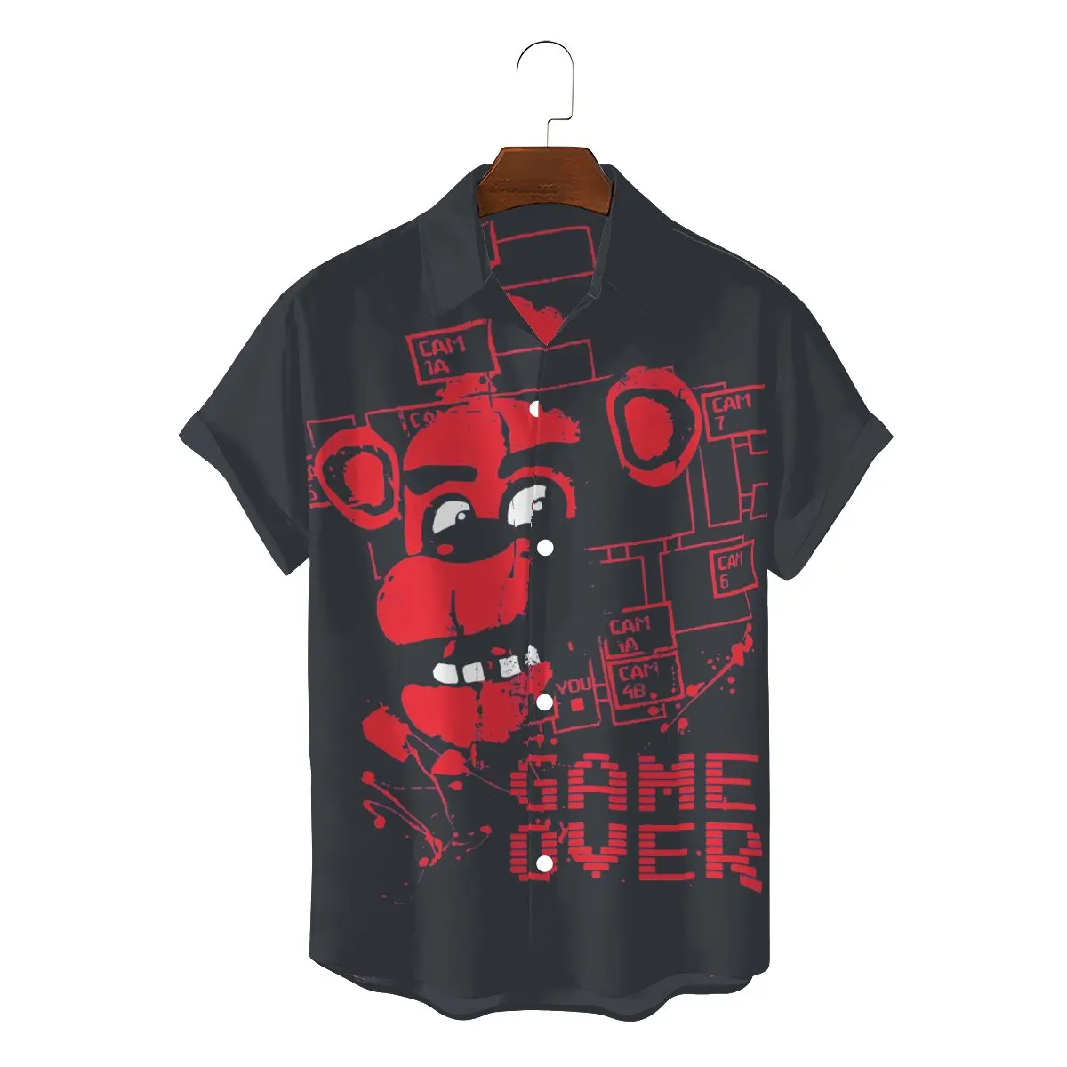

Pizzeria Game Over Classic 2022 Man's Novelty Hawaii Shirts FNAF Game Square Neck Short Sleeve Polyester 3D Shirt Top Quality