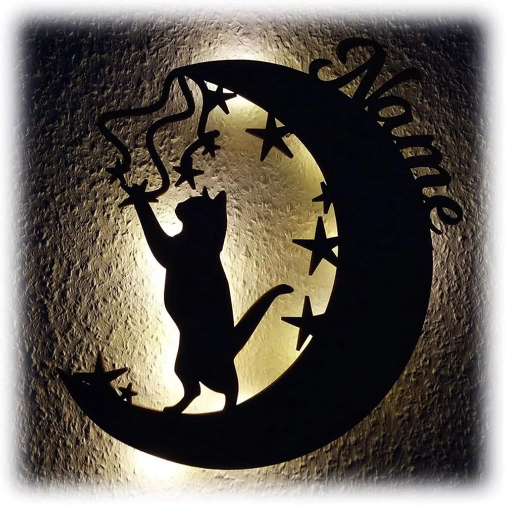 

Wooden Wall Lamp Moon Star With Cat Sign for Children Kids Baby Bed Room Wall Art Decoration Personalized Custom Name LED Light
