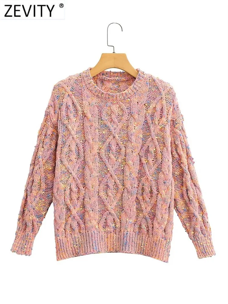 

Zevity Women Fashion Colorful Line Twist Crochet Knitting Sweater Female Chic O Neck Long Sleeve Casual Pullovers Tops SW2321