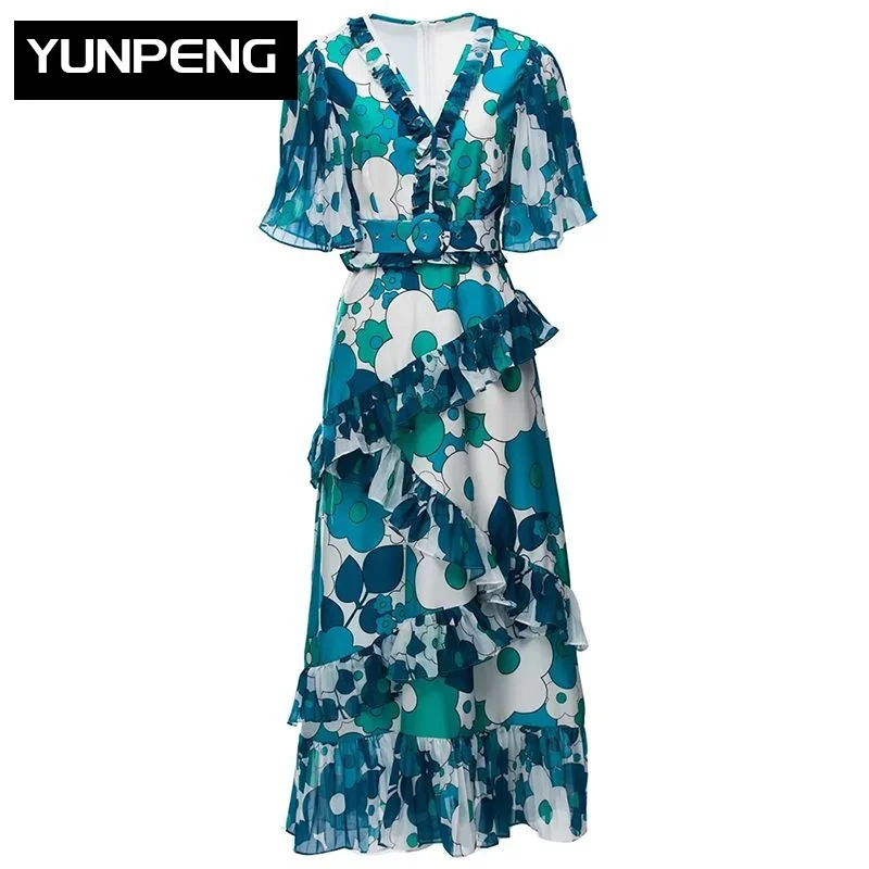 Dresses For Women 2023 Runway Luxury Brand Elegant Summer V-Neck Butterfly Sleeve Ruffles Flowers Print Belt Party Dress