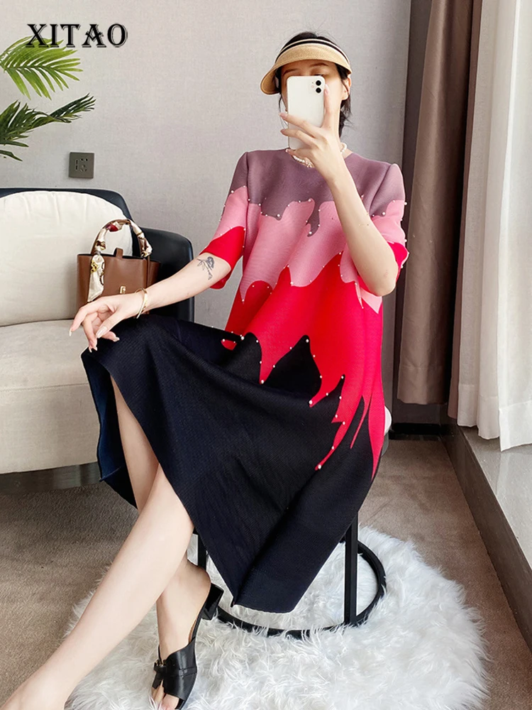 

XITAO Contrast Color Folds Dress Loose Fashion Bead Decorate Half Sleeve Dress Summer New Simplicity Temperament Women ZY7042