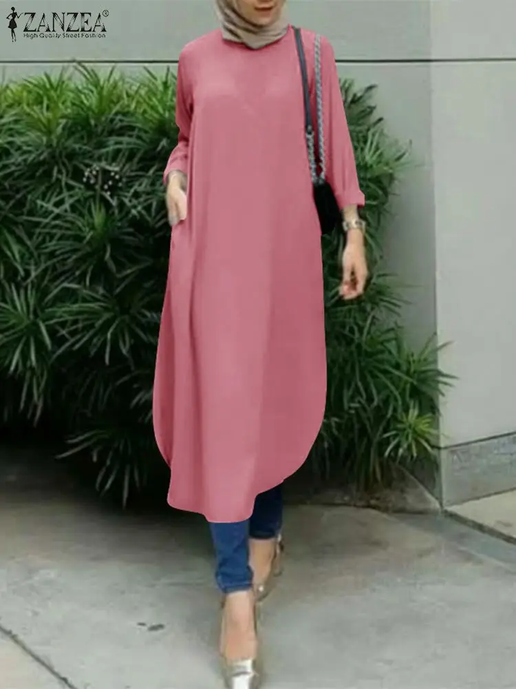 

Женские топы ZANZEA с круглым вырезом и длинным рукавом, модная мусульманская блузка, Повседневная Свободная длинная рубашка, элегантные платья, мусульманская одежда