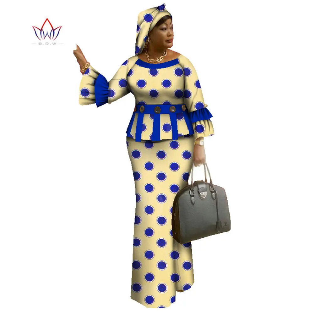 

African Style Woman Clothing Full Sleeve Plus Size Women Clothing Two Piece Set O-neck Traditional Bazin Riche Wear WY1096