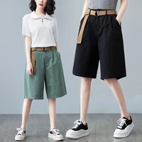 summer 2022 new women casual cargo knee length pants with belt high waist chic wide leg pant elegant loose trousers