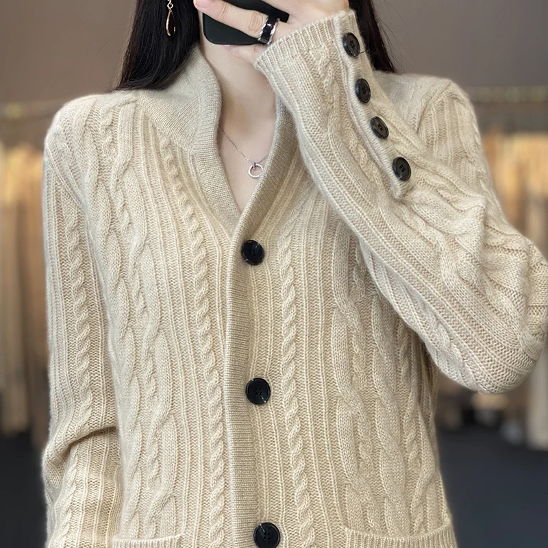 Autumn and Winter 2022 New Stand Collar Pure Cashmere Cardigan Women's Twisted Flower Outwear Sweater Loose Slim Knitted Coat enlarge