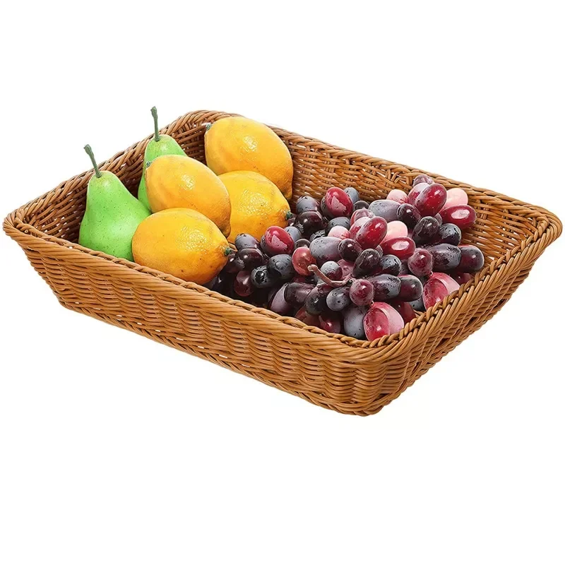 

2022Hand-Woven Rectangular Rattan Wicker Basket Fruit Tea Snack Bread Tray Picnic Desktop Cosmetic Storage Box Kitchen Organizer