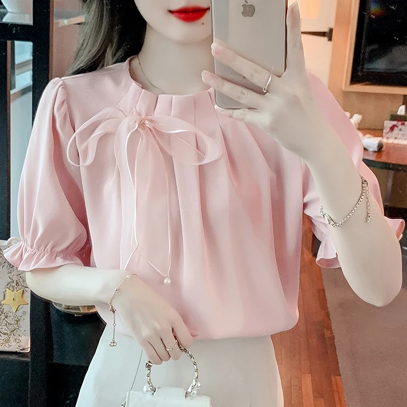 

Chiffon Women's Shirt Summer 2023 New Solid Blouses Loose French Short Sleeves Bow Top O-neck Casual Ladies Clothing YCMYUNYAN