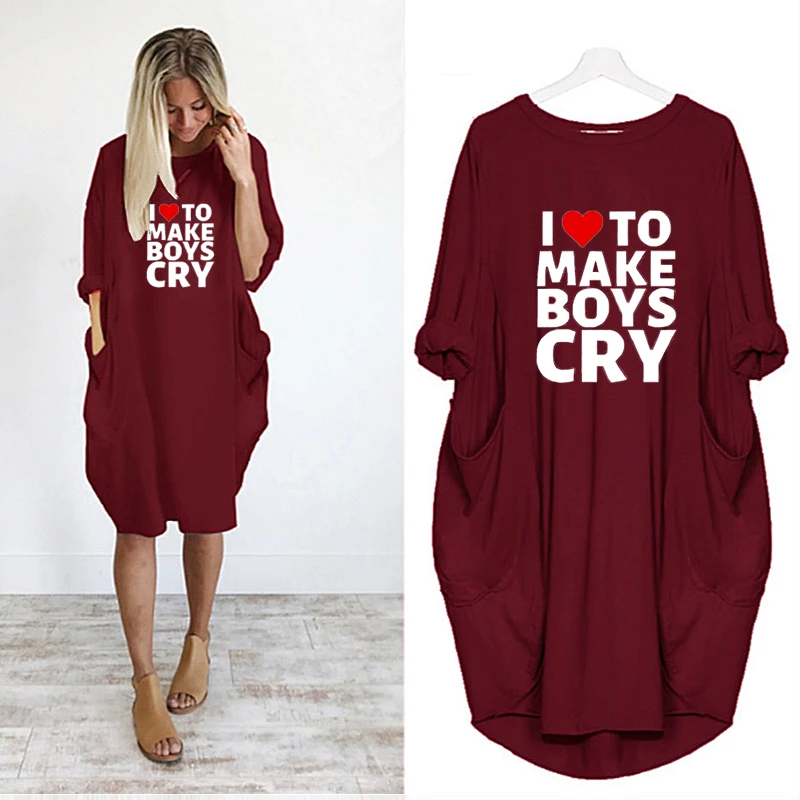 

Letter Print Dresses Women I Love To Text Series Pocket Casual Long Sleeve Midi Dress Loose Autumn Solid Daily Ladies Dresses