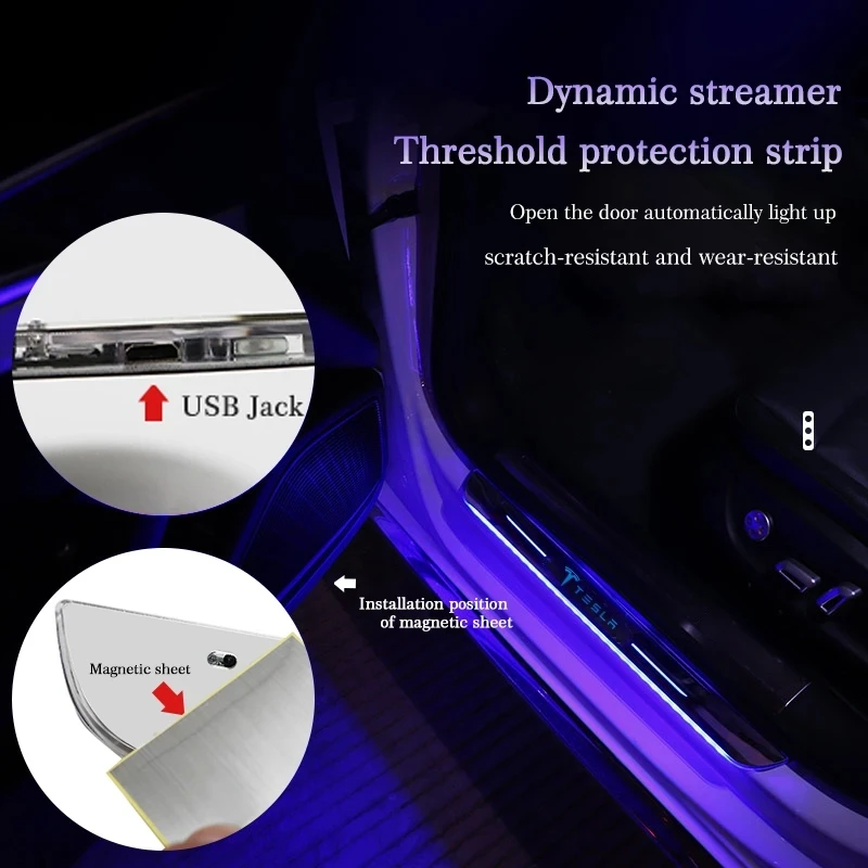 

4Pcs Car Scuff Plate Pedal Door Sill Pathway Light For Tesla Model3 S X Y Upgraded USB Power Moving LED Welcome Pedal Accessory