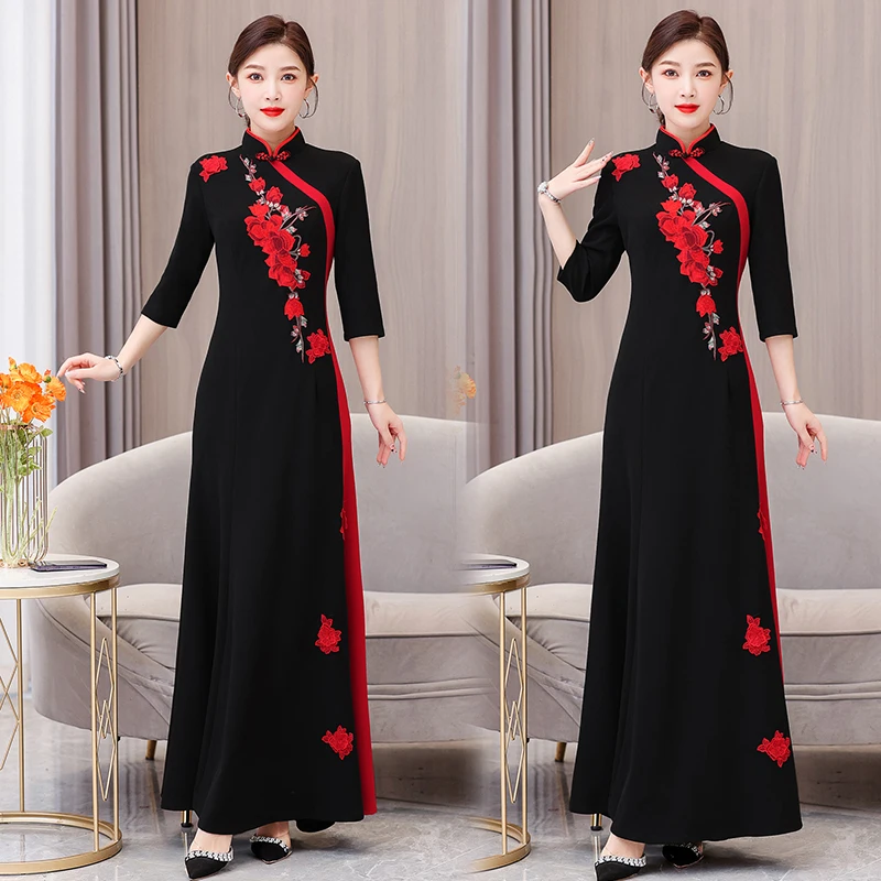 

2023 autumn new national style improvement cheongsam fashion cardigan long runway cheongsam seven-point sleeve dress