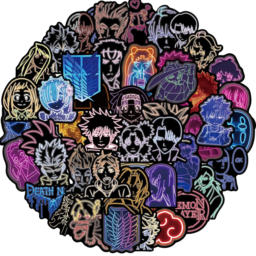 

50 Sheets of Anime Neon Mixed Stickers To Decorate Luggage Notebook Skateboard Waterproof Removable Non-repeatable Stickers
