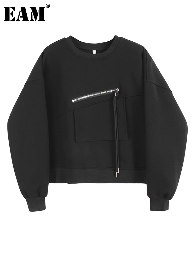 

[EAM] Loose Fit Black Zipper Casual Sweatshirt New Round Neck Long Sleeve Women Big Size Fashion Tide Spring Autumn 2022 1DF2542