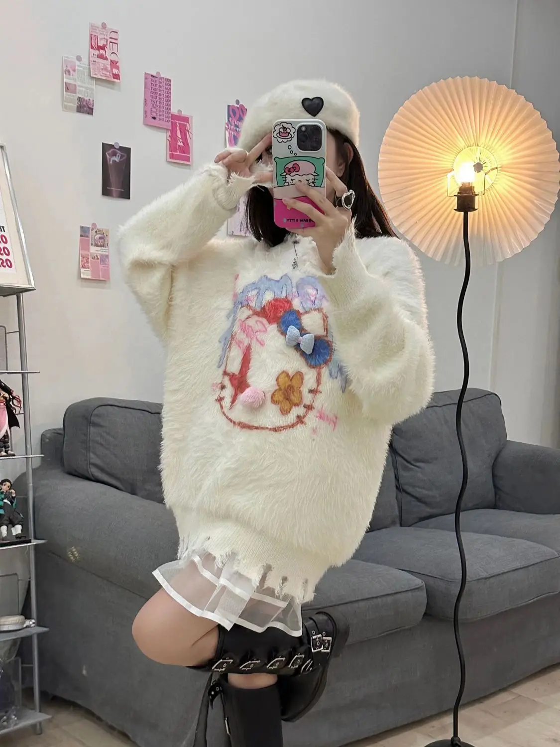 

Женский свитер в стиле аниме Kawaii Sanrio, Hello Kitty с милым мультяшным рисунком Y2K осень-зима новый стиль ленивый стиль пуловер с круглым вырезом топ в подарок
