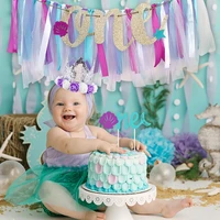 little mermaid birthday party kids baby one crown hat birthday baby shower 1st birthday party purple pull flag photo decoration