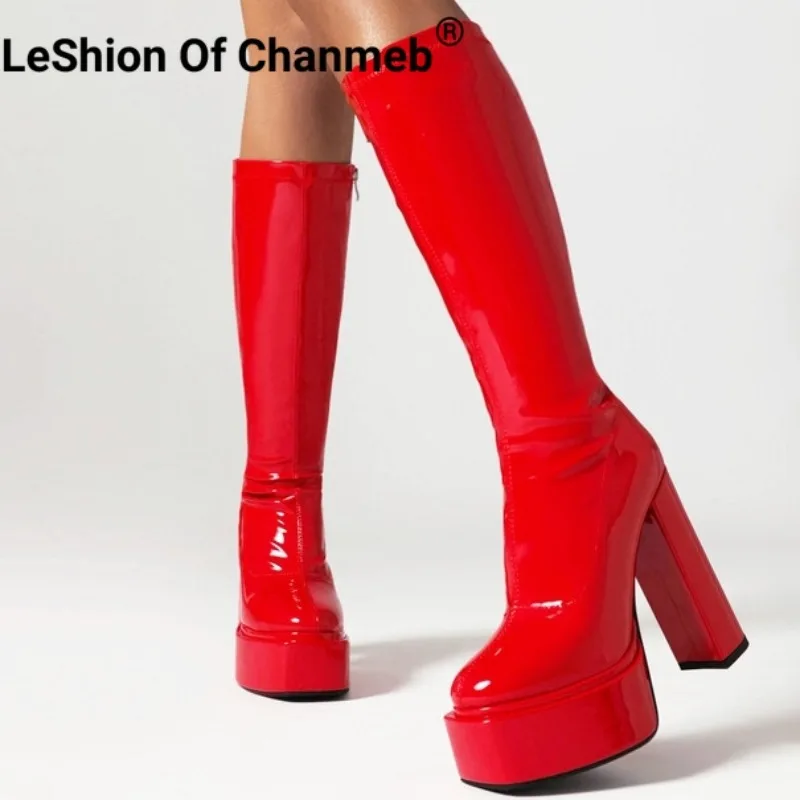 

LeShion Of Chanmeb женские лакированные кожаные сапоги до колена сапоги на очень высоком массивном каблуке на молнии на платформе большого размера Женская обувь