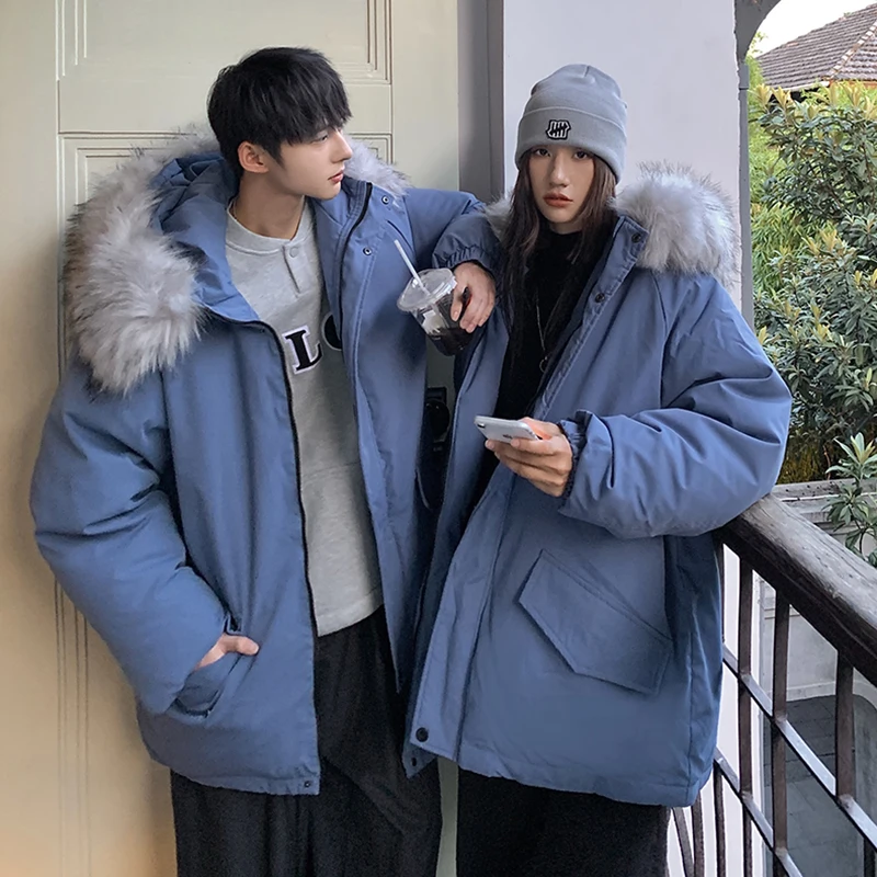 Down jacket men winter new Hong Kong style loose hooded large collar down cotton jacket