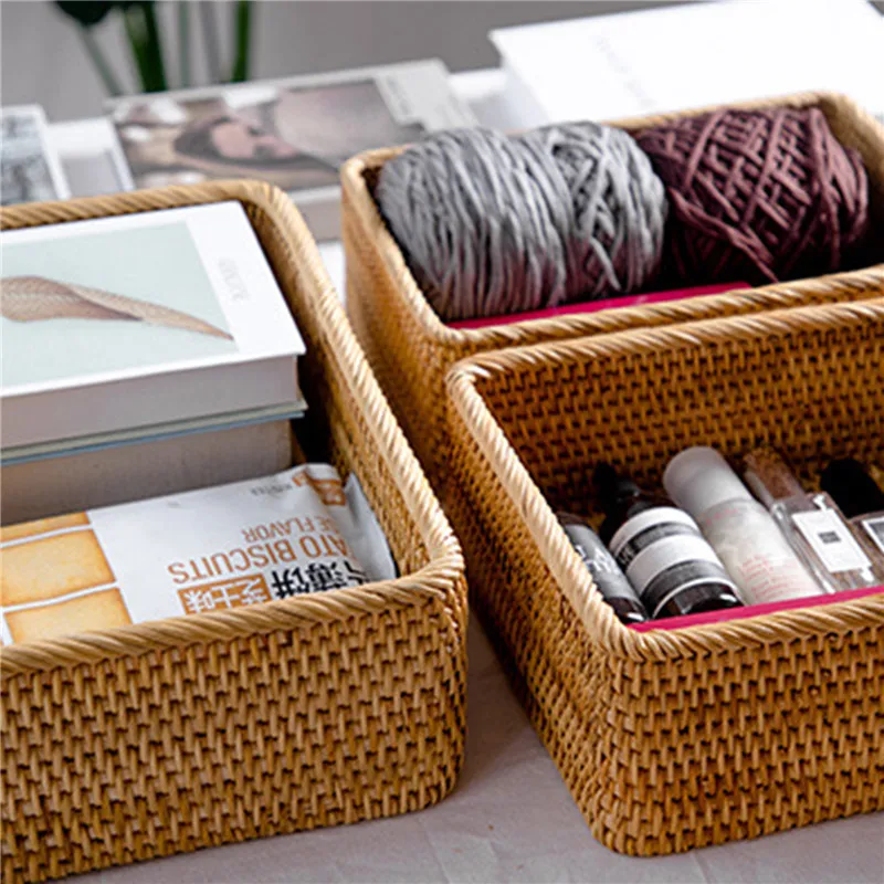 

Hand-woven Rattan Wicker Storage Basket Cosmetic Rectangular Box Fruit Tea Bread Picnic Basket Household Kitchen Organizers