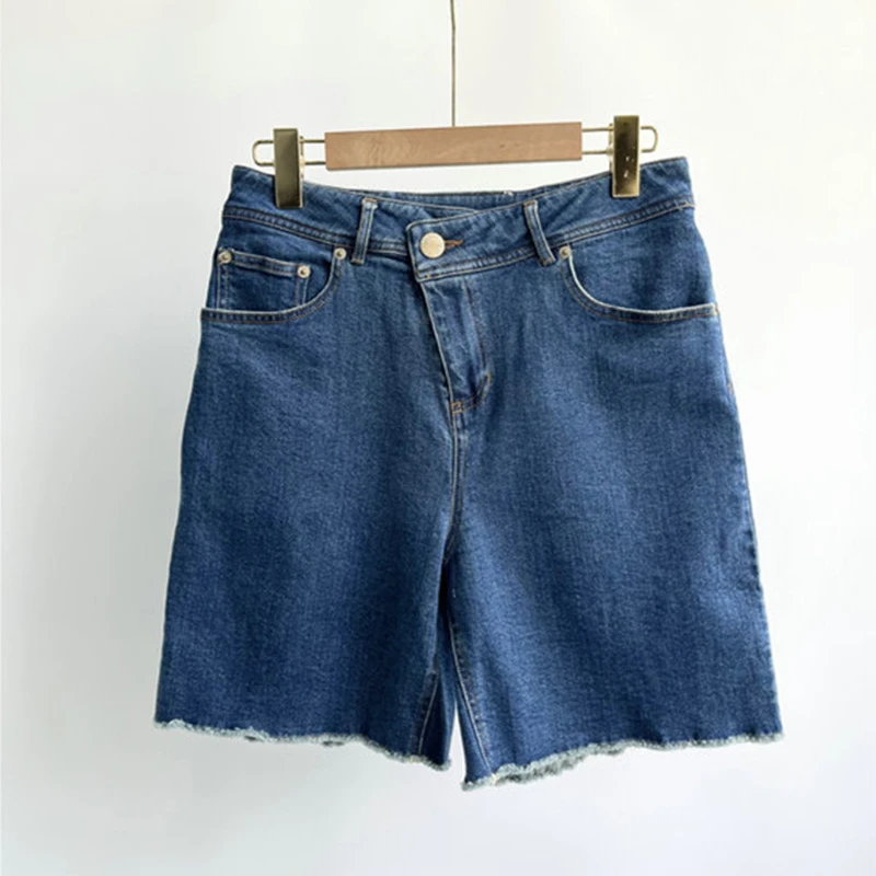 

Women cotton Denim Shorts 2022 new Solid Color Slanted Placket Casual Female Zipper Fly Jeans