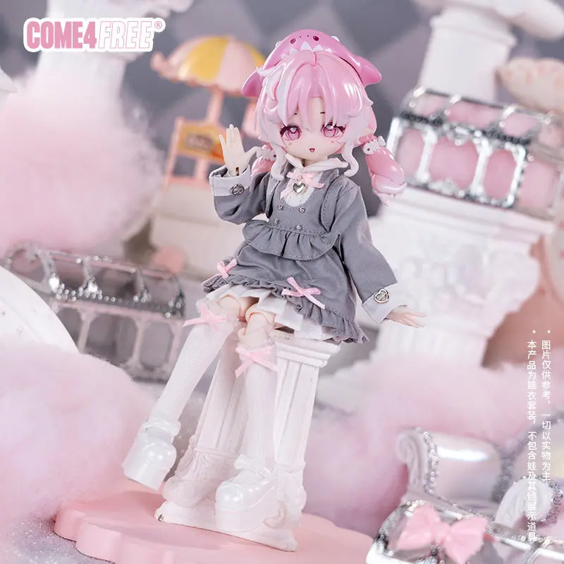 Фото Новый комплект одежды для куклы BJD 1/8 Come4free: милое серое платье, розовые носки с бантом, полный набор (только одежда, кукла не включена) №2
