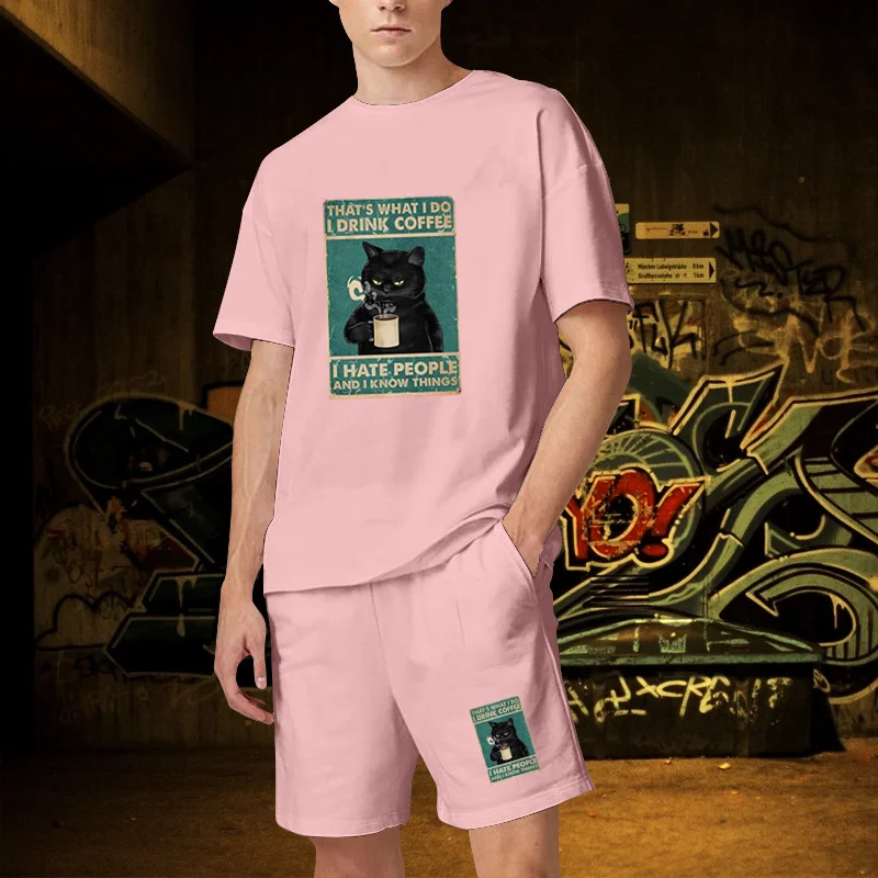 2 Piece Outfits for Men Pure Cotton High Quality Cute Kitten Anime TShirts Shorts Sets 2023 Summer Tracksuit Set Men Oversized