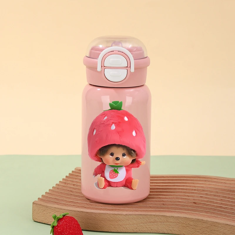 Фото Милая термокружка Monchhichi для девочек, школьная бутылка для воды с соломинкой, женская офисная кофейная кружка, детский зимний уличный термос, подарок для детей №1