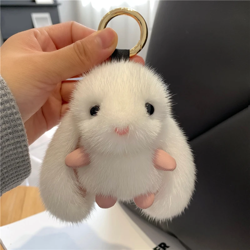 

Cute Long Ear Bunny Keychain Real Mink Fur Rabbit Doll Pendant Toys Keyring Handbag Charm Ornament Pompom Plush Jewelry Gifts