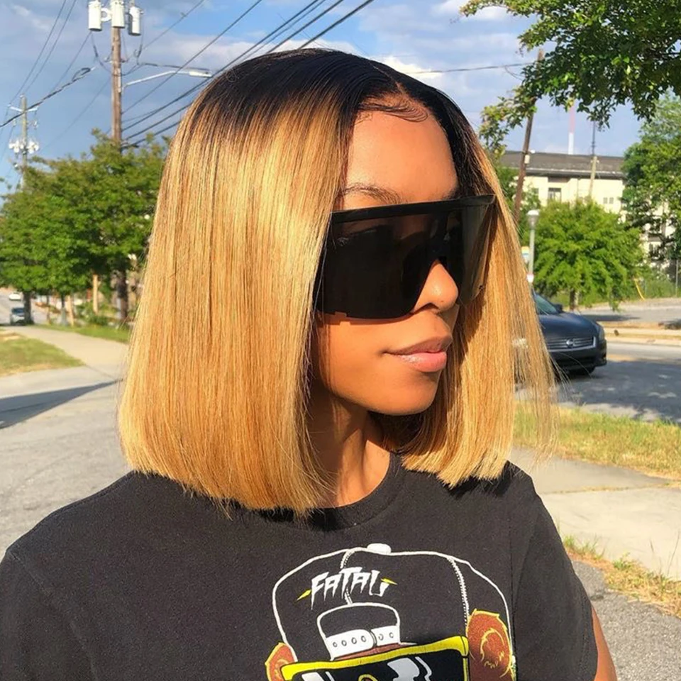 

Short Bob Human Hair Wigs T1B/27 Ombre Brown Lace Front Wig Brazilian Straight Human Hair Bob Wigs 150% Density Remy Hair Wig