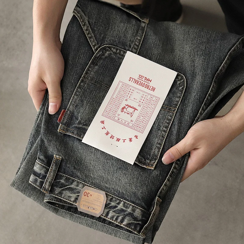 Men's jeans straight tube loose Japanese retro spring and autumn leisure wash do old sand wash retro broad-legged overalls