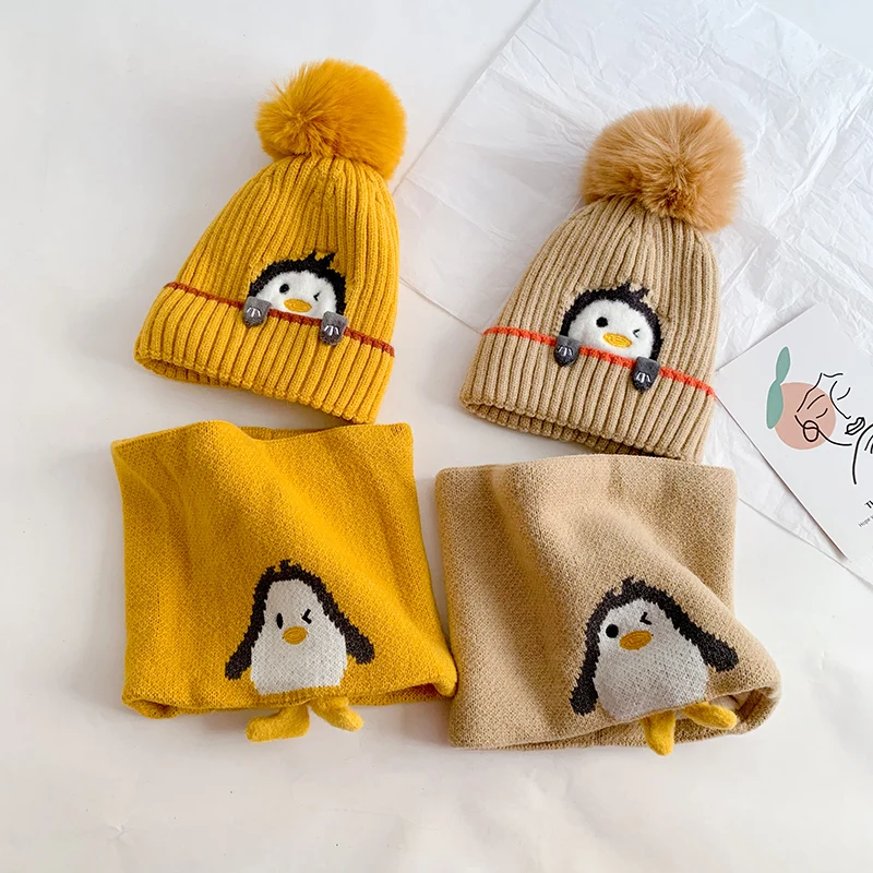 Kids Beanie Hat Scarf Set Winter Thicken Warm Children Cap Cute Penguin Photography Props Boys Girls Winter Villus Hat Scarf Set
