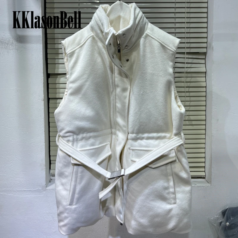 

10.27 KKlasonBell Drawstring Collect Waist Wool Keep Warm Reversible Duck Down Vest Women With Belt
