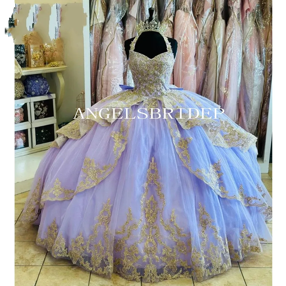 

Angelsbridep блестящие Лавандовые платья Quinceanera с лямкой на шее многоярусная Золотая аппликация бусины кристалл платья 15 лет корсет