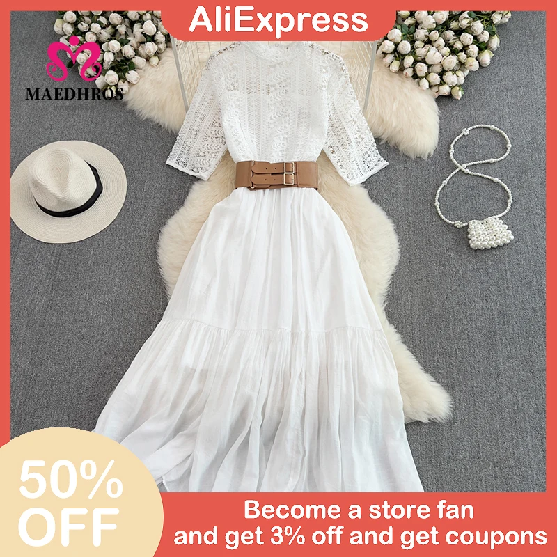 

Spring and Summer Elegant Dress for Female Lace Stitching Round Neck Design Dress Belt Solid Color Senior Women's Dress Fashion