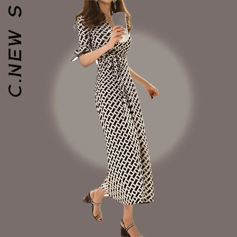 

C.New S Dress Women New Simple Bodycon Evening Female Vintage Party Beach Women Dresses Temperament Basic Dress Woman Female