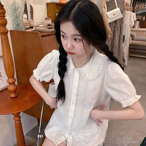 Kawaii White Shirts Women Japanese Lolita Lace Patchwork Blouses Summer Harajuku Preppy Puff Short Sleeve Peter Pan Collar Tops