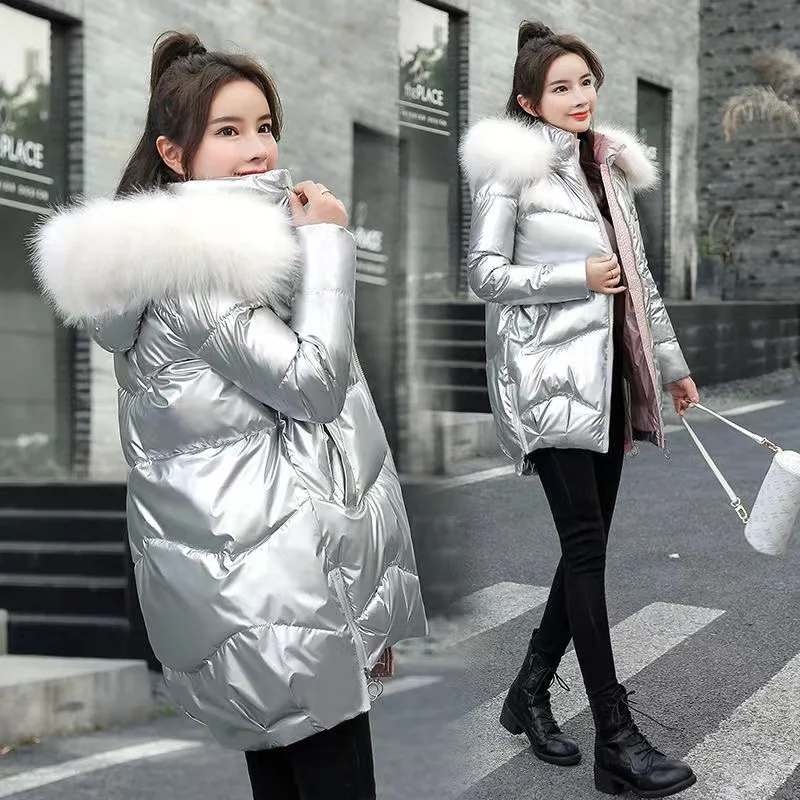 Disposable Down Jacket Bright Cotton Coat Mid-length Winter Loose Thickened Hooded Coat