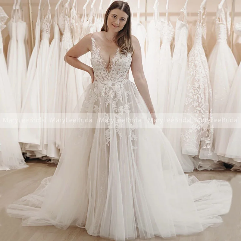 

Женское платье с V-образным вырезом, ТРАПЕЦИЕВИДНОЕ свадебное платье с кружевной аппликацией, иллюзионный лиф без рукавов, длинный тюлевый ...