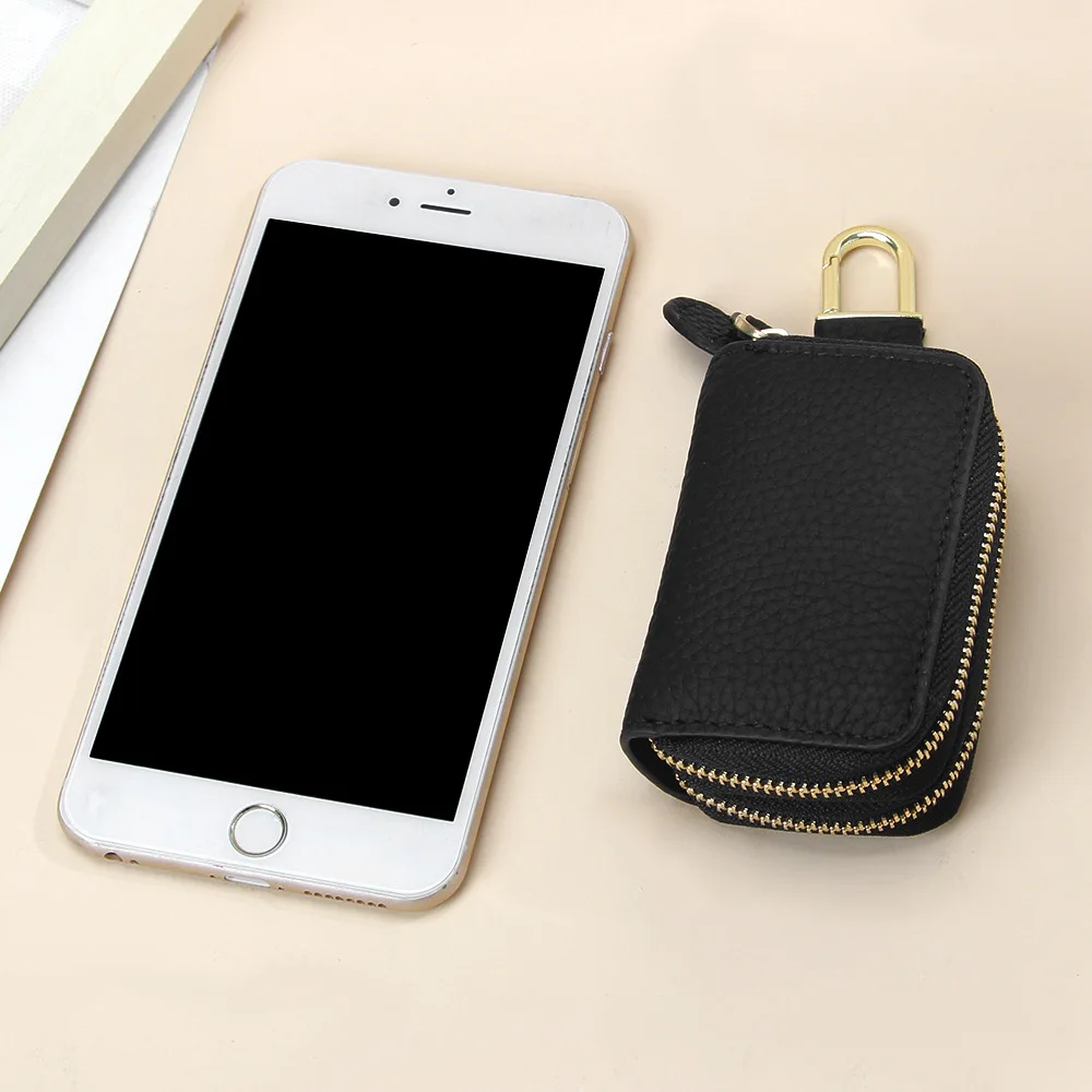 New Genuine Leather Key Wallets Men Simple Car Key Keeper Pouch Housekeeper Holder Ladies Cowhide Leather Double Zipper Key Case