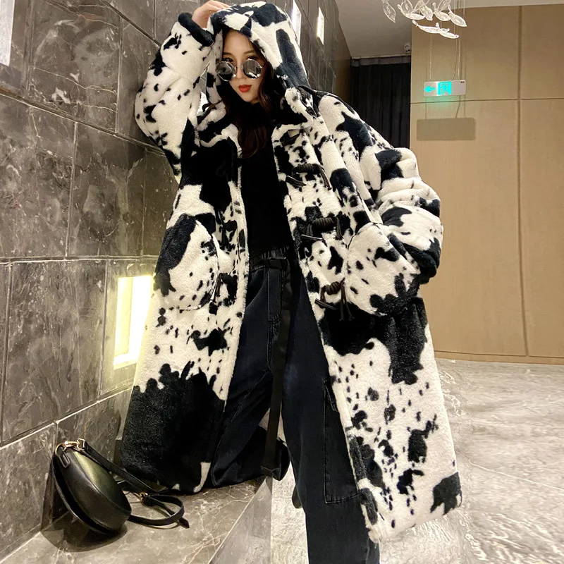 Loose Faux Fur Hooded Coat Women 2022 Winter Vintage Horn Button Lovely Panda Cow Long Jackets Female Casual Oversized Outerwear
