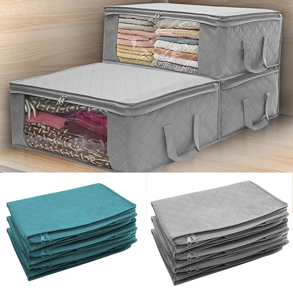

1pc Foldable Clothes Quilt Blanket Non-woven Bamboo Storage Bag Blue/Grey Charcoal Organizer Zipper Box Home Storage Boxes