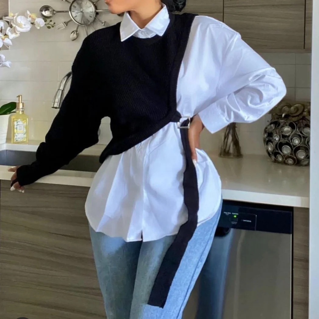 

New Fashion Best Selling Women Fall Spring White Blouse Tops Patchwork Sweater Plus Size Women'S Blouses & Shirts