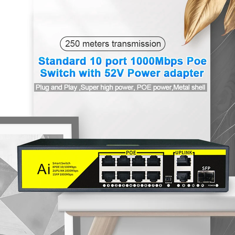 KuWFi 11-портовый гигабитный коммутатор POE 100/1000M 8 + 3-портовый сетевой Poe-коммутатор 48V