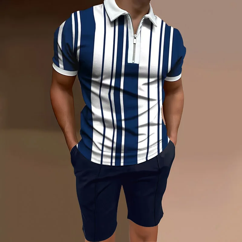 

2022 Mens Fitness Tracksuit Summer 2 Piece Polo Sets Mens Fashion Patchwork Short Sleeve Polo Shirt + Shorts Male Slim Fit Suit