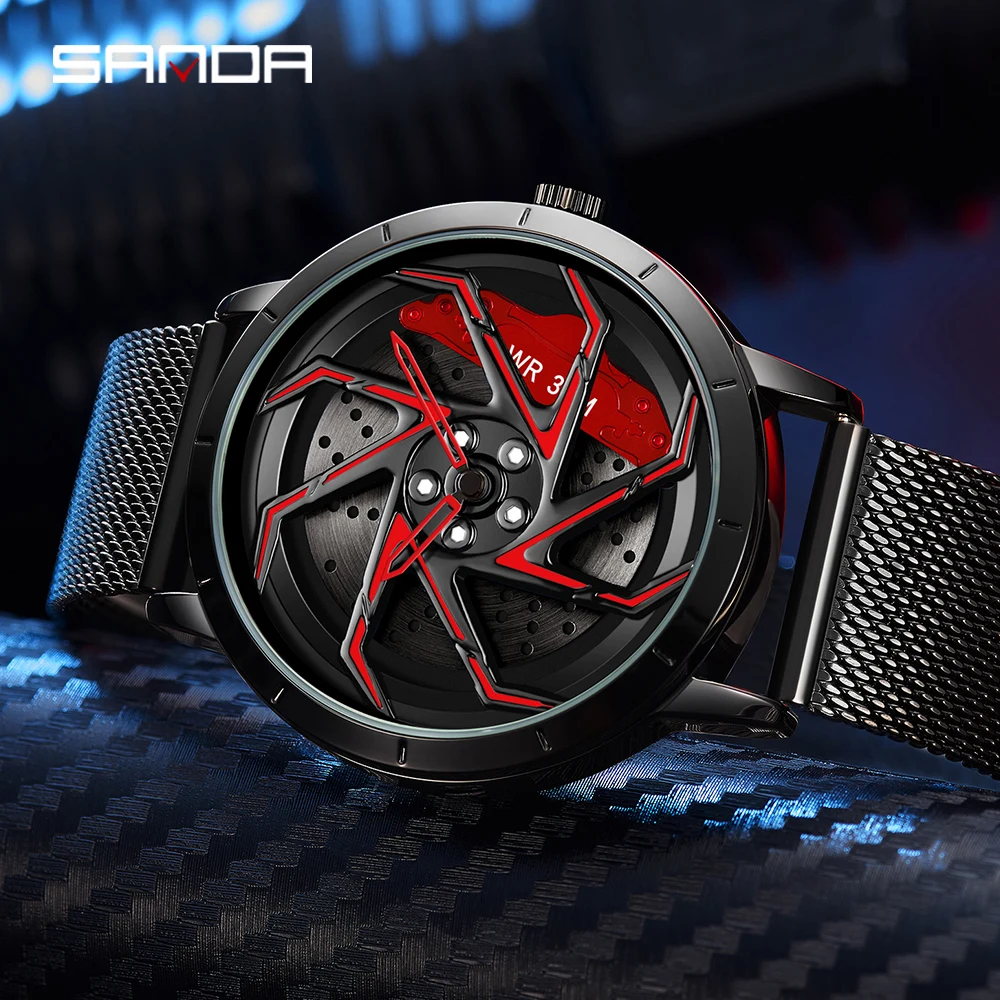 

Модные, Лидер продаж, мужские часы с ободом автомобиля, водонепроницаемые спортивные часы из нержавеющей стали, кварцевые наручные часы с вращающимся на 360 градусов циферблатом и ободом колеса