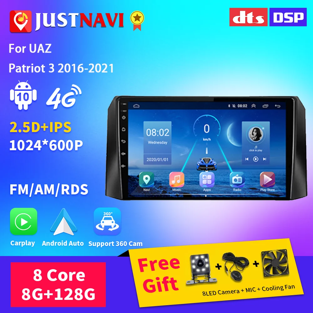 

JUSTNAVI мультимедийный плеер для UAZ Patriot 3 2016-2021 автомобильное радио Carplay Автомобильный мультимедийный аудио плеер навигация GPS Android BT 4G DVD